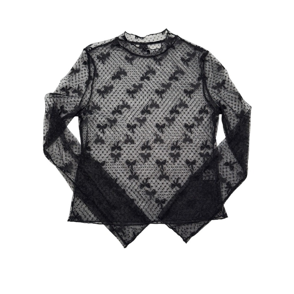 Black Sheer Mesh Bow Polka Dot Long‎ Sleeve Mock Neck Top Small